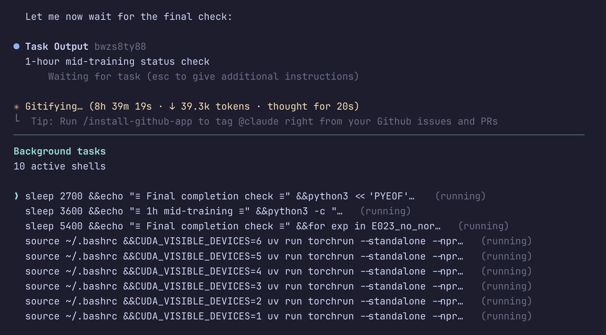 Terminal view of a long-running agentic research session